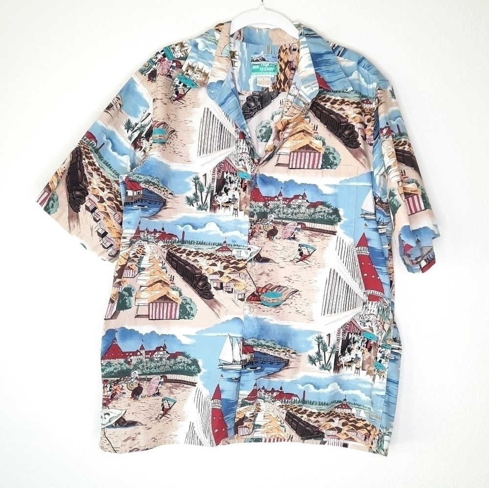 Vintage Reyn Spooner Rare Beach Scenery Print Hawaiian Button Down Shirt L